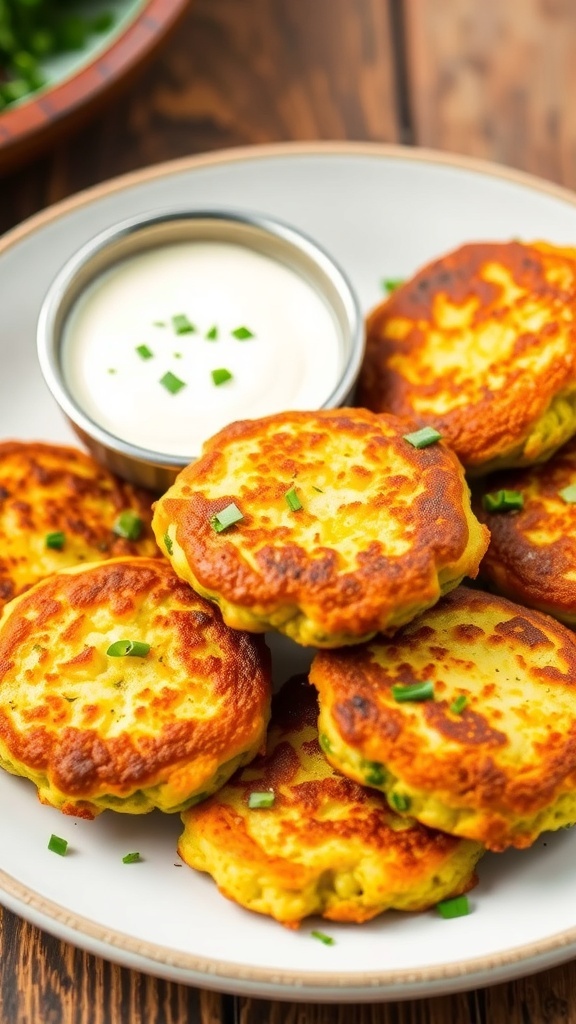 Crispy zucchini fritters on a plate with herbs and dipping sauce.